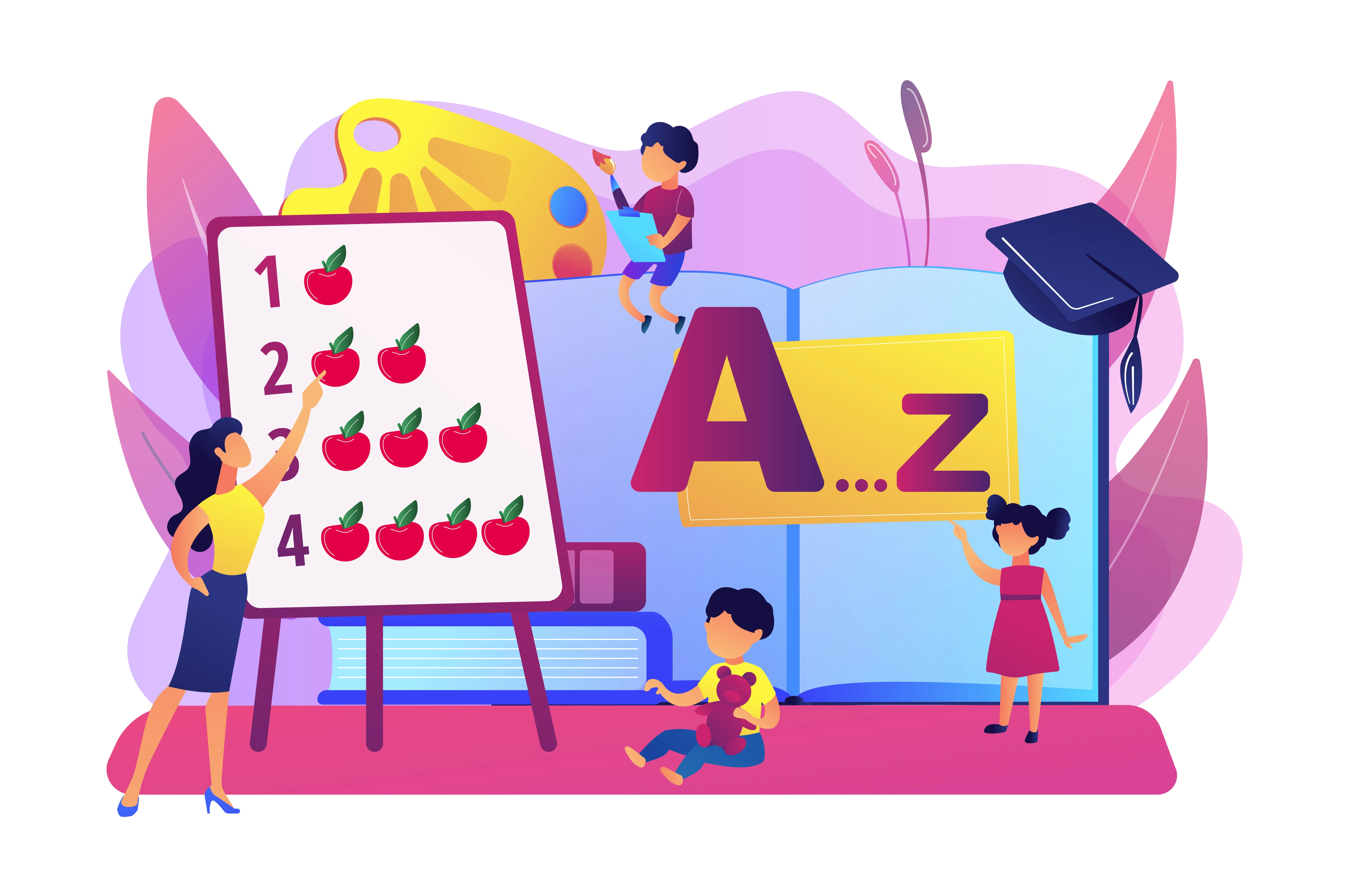 Illustration of a kindergarten classroom scene with a teacher pointing at a chart of numbered apples, children painting, learning the alphabet from A to Z on a large book, and a graduation cap symbolizing early education success.