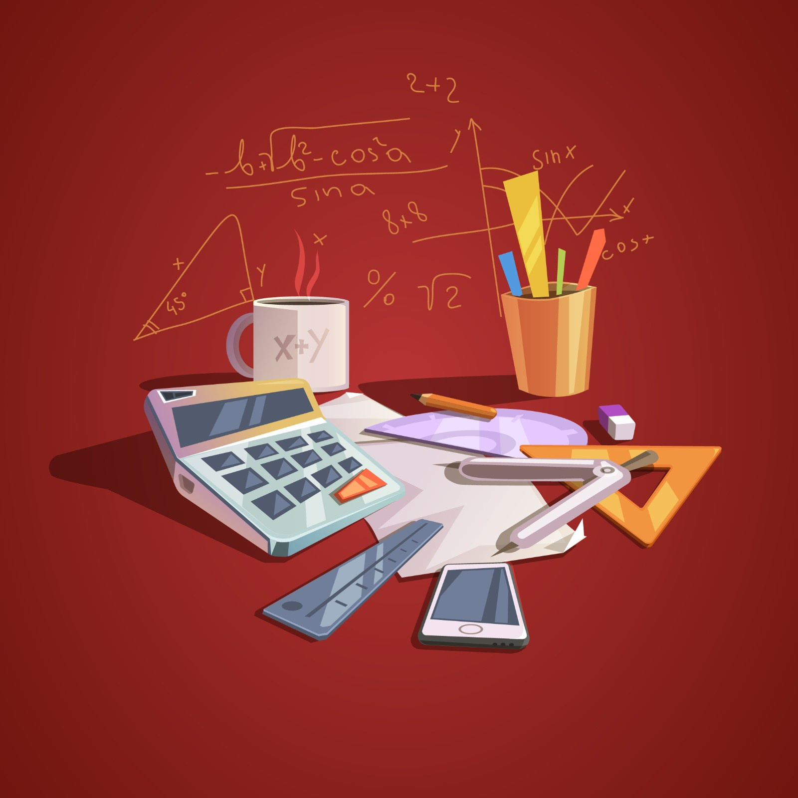 A digitally illustrated workspace with mathematical tools and equations.