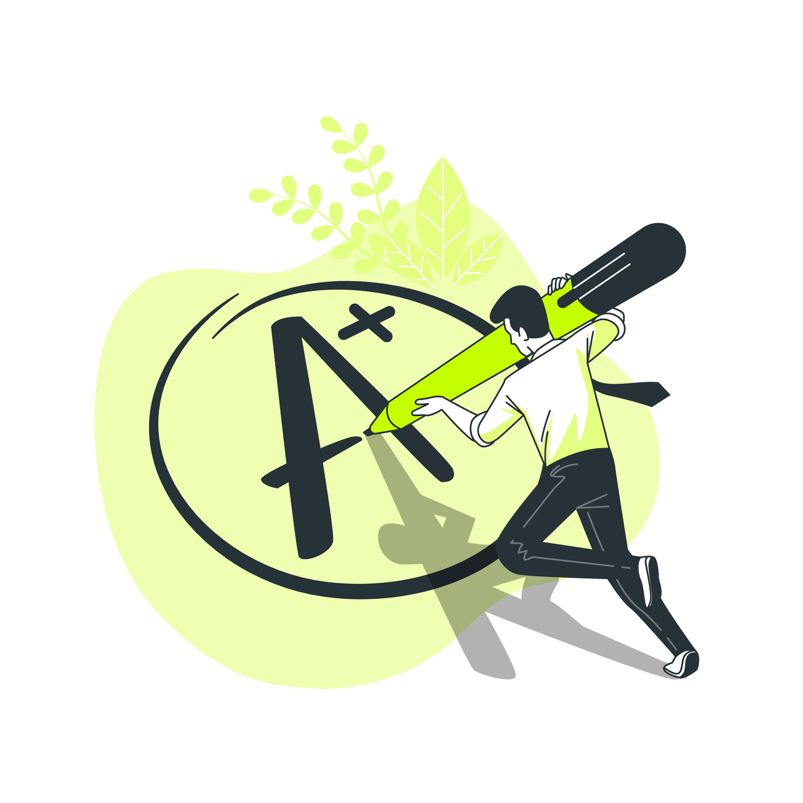 Illustration of a person holding a large green pen, drawing an A+ grade inside a circular outline