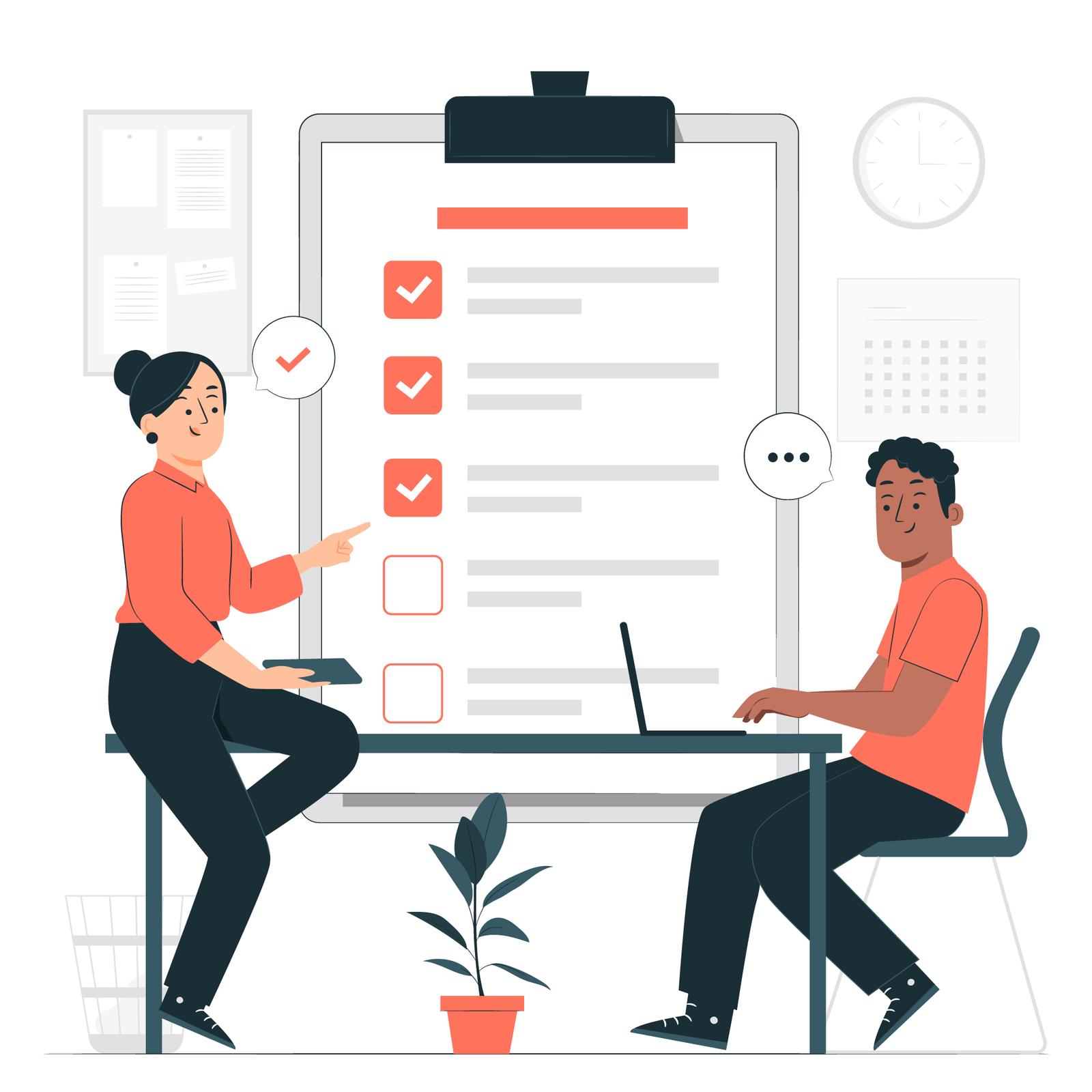 An illustration of two people collaborating at a table with a large checklist in the background, showing checking the exam passing criteria