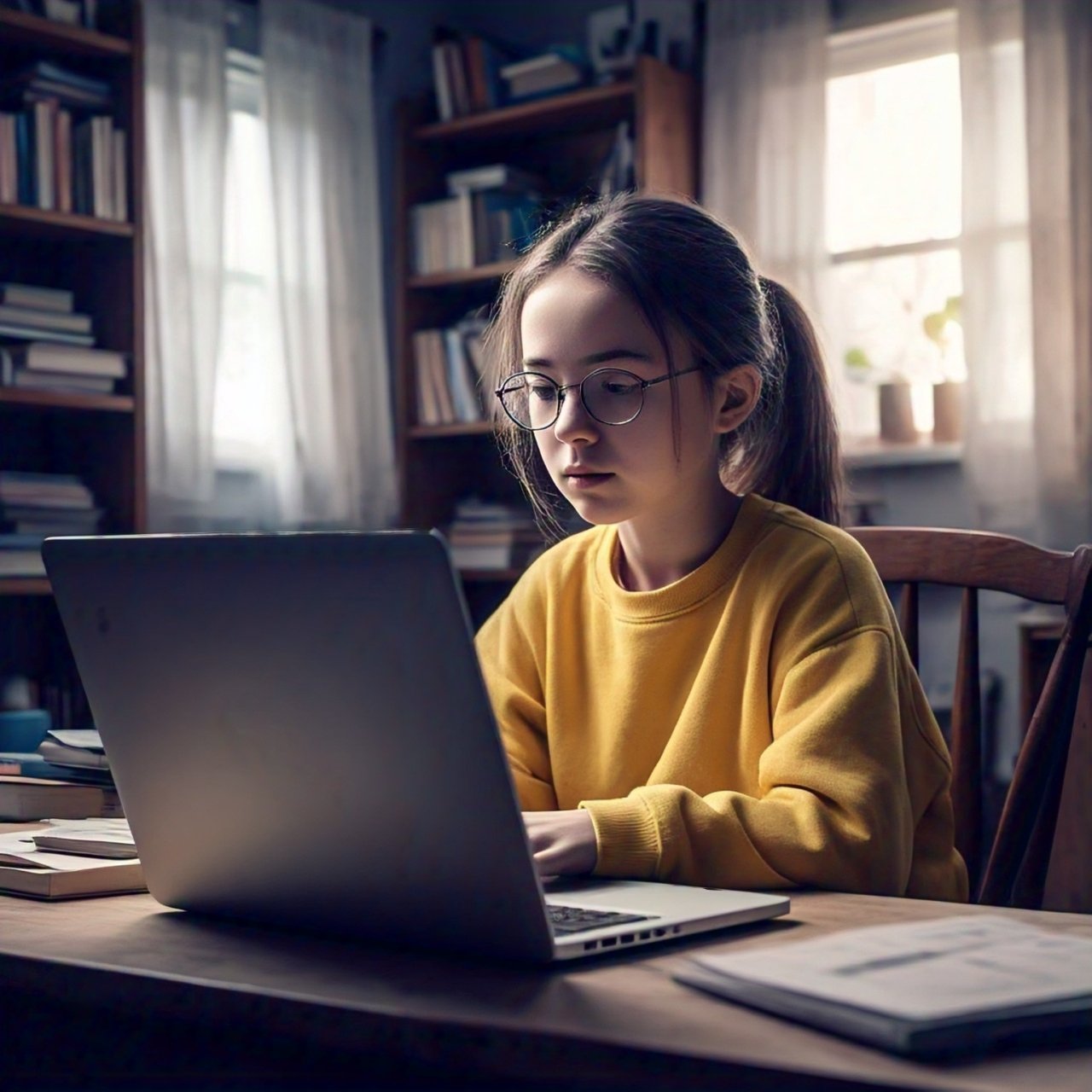 a teen girl attending online class