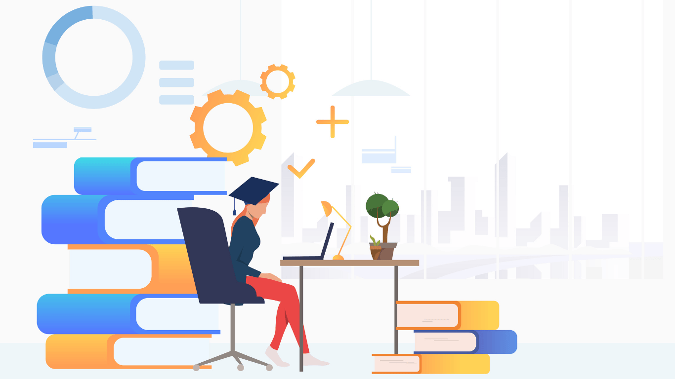 Student using laptop and studying at desk