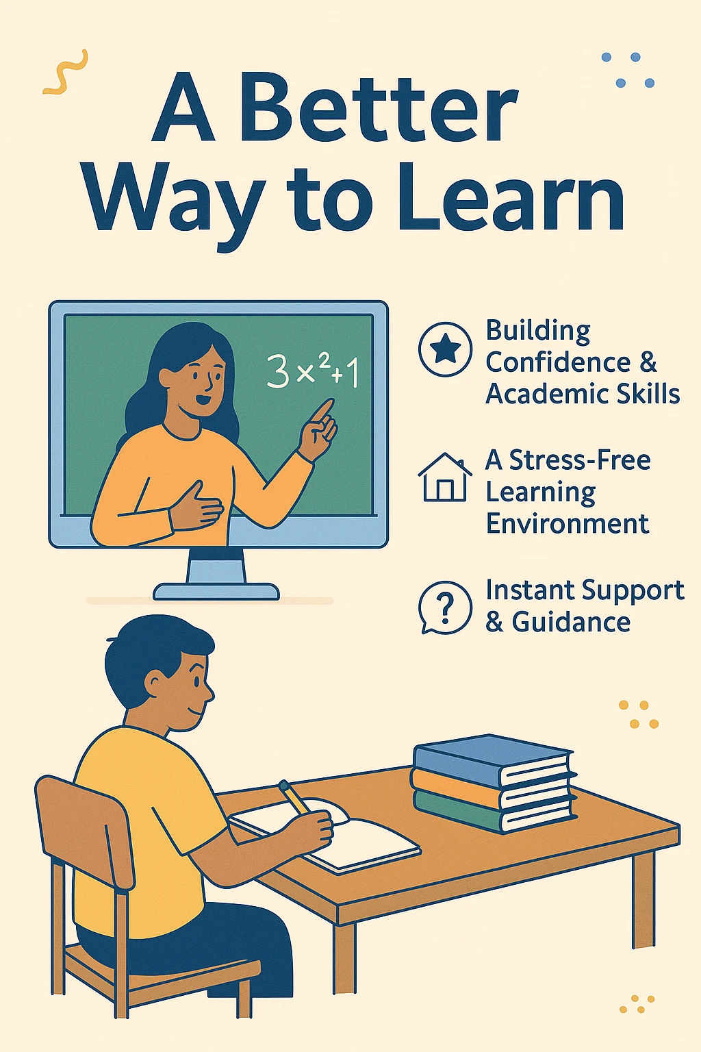 Illustration of a young student learning online at home, sitting at a desk with books, while a female tutor teaches math on a computer screen. 