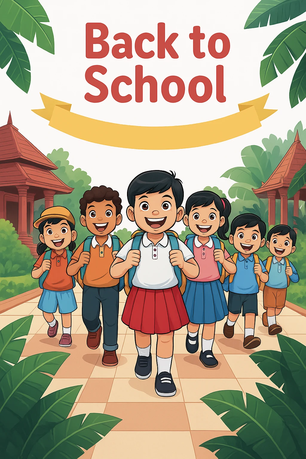 Illustration of happy school children walking together with backpacks, under a banner that reads 'Back to School', surrounded by greenery and traditional Kerala school buildings in the background.