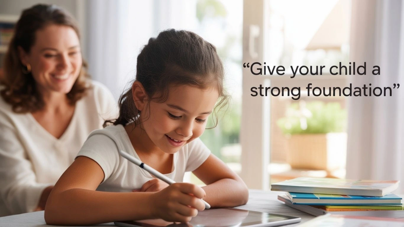 Child learning with a digital pen under parent guidance – Interval Learning Foundation Program for kids.