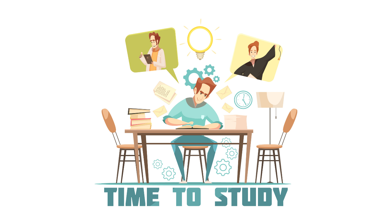 Illustration of a student sitting at a desk surrounded by books, papers, and clocks, symbolizing focused study time. 