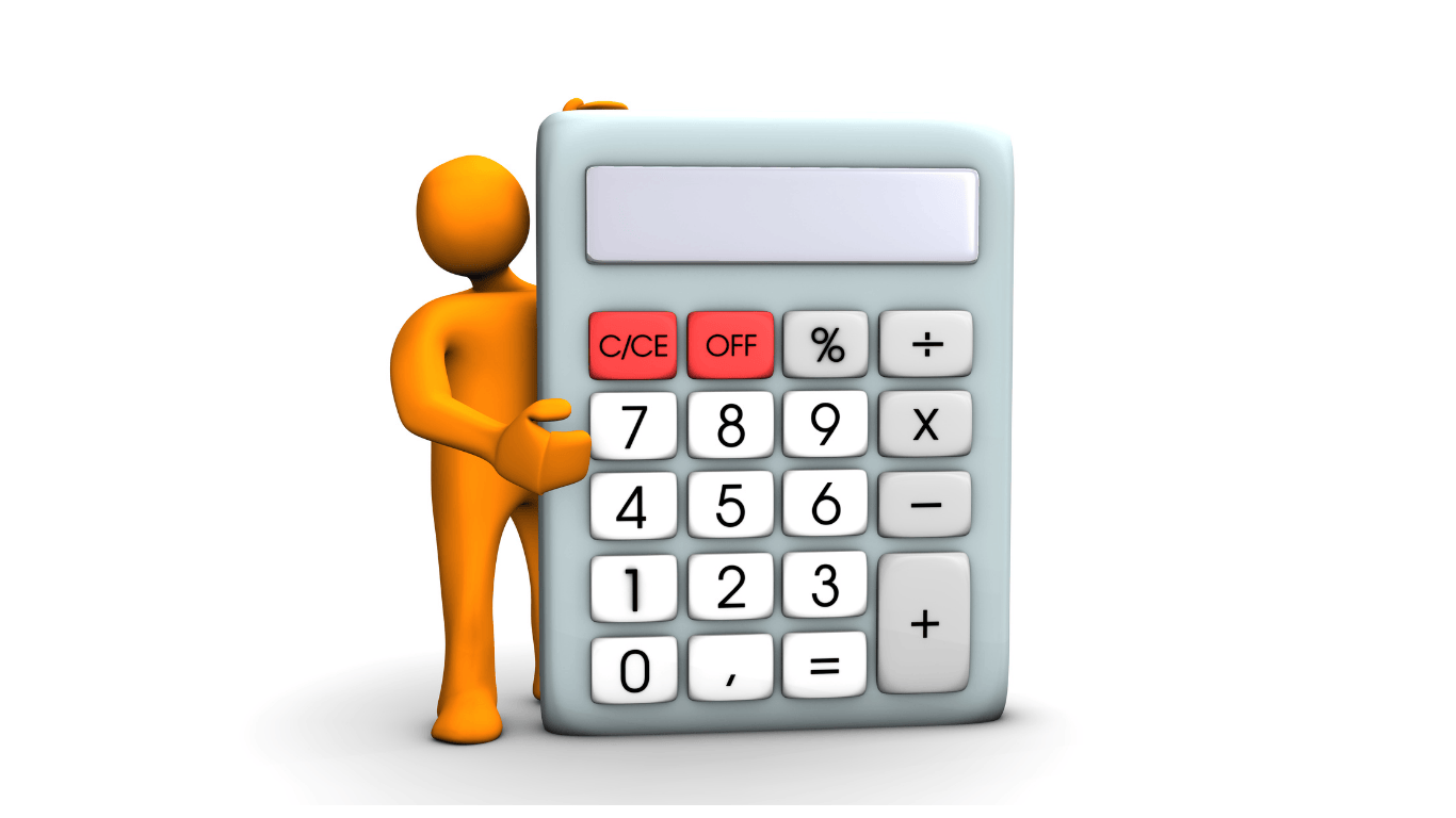 An orange figure holding a large white calculator with numbers and function keys