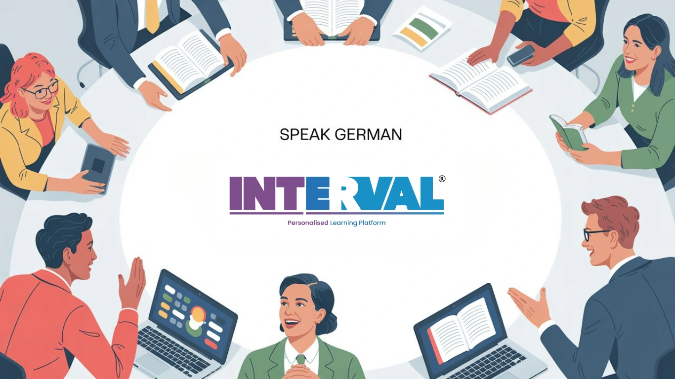 Group learning session with books and laptops showing How to Learn German with Interval Learning program support