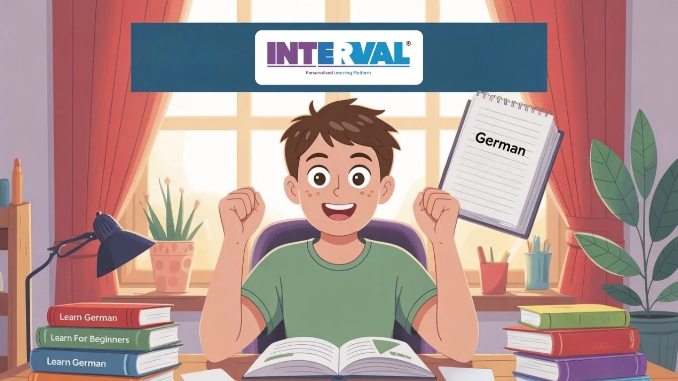 Happy student learning basic German words for beginners with books and notes in a study room filled with learning materials.