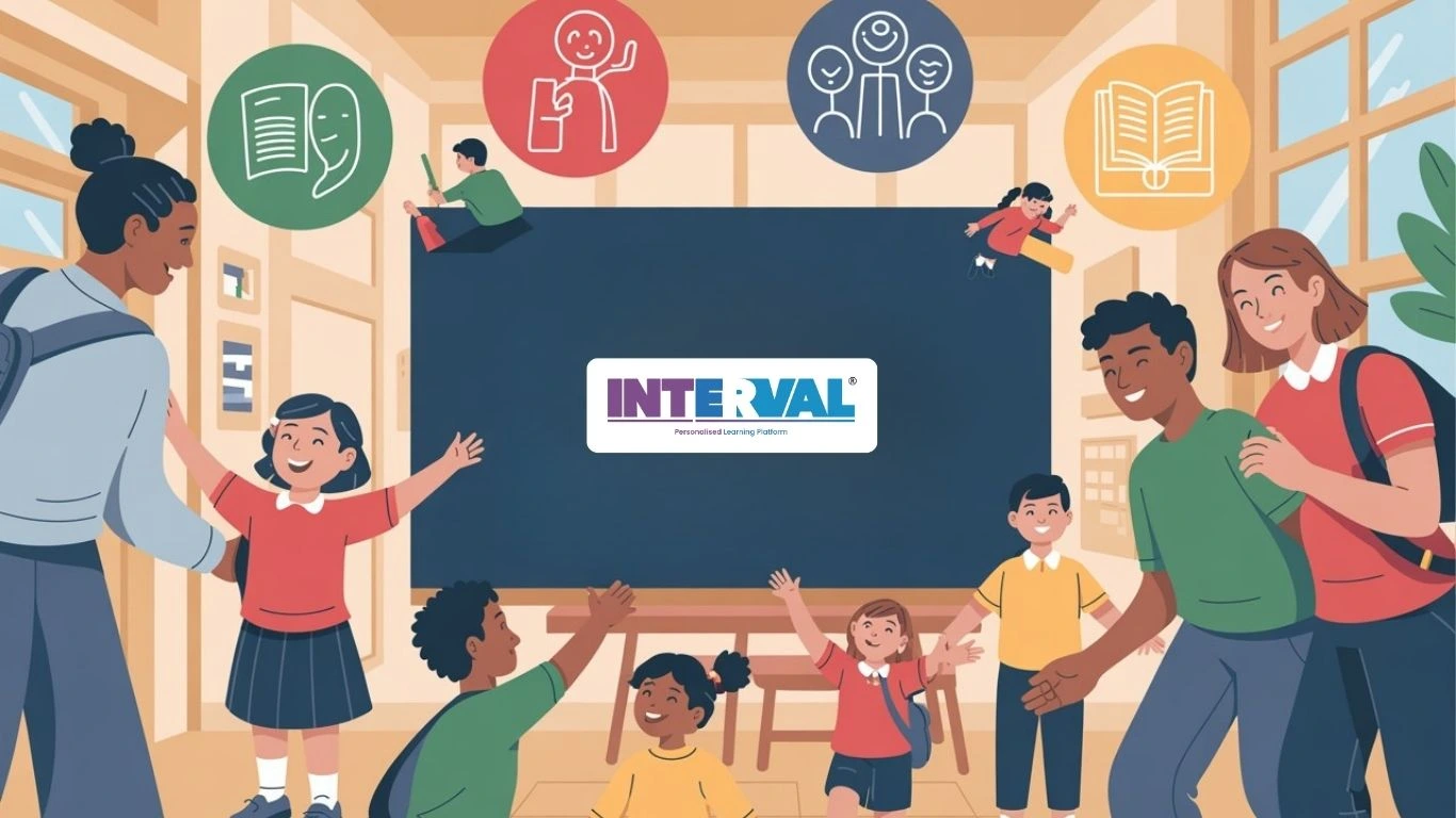 Illustration of happy students and teachers at a classroom entrance representing CBSE schools in UAE with Interval Learning