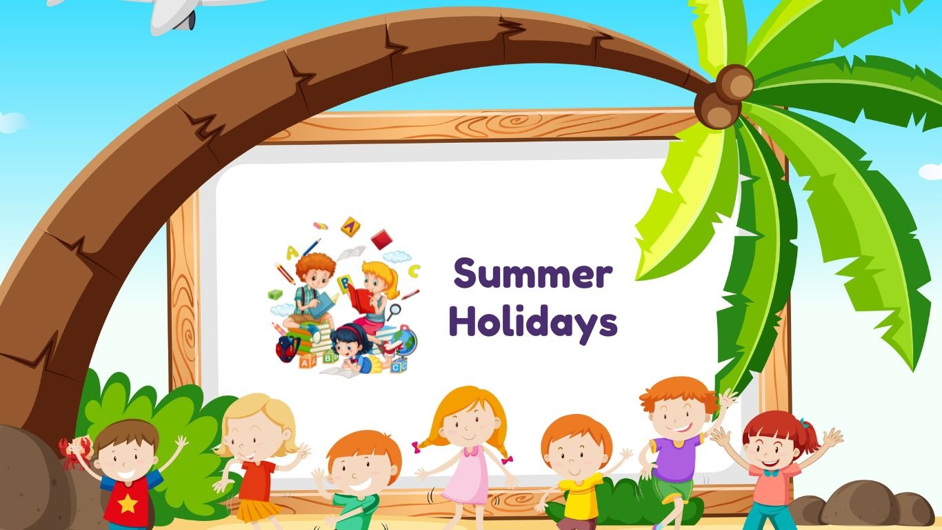 Kids enjoying summer vacation activities under palm trees with a Summer Holidays sign in the background