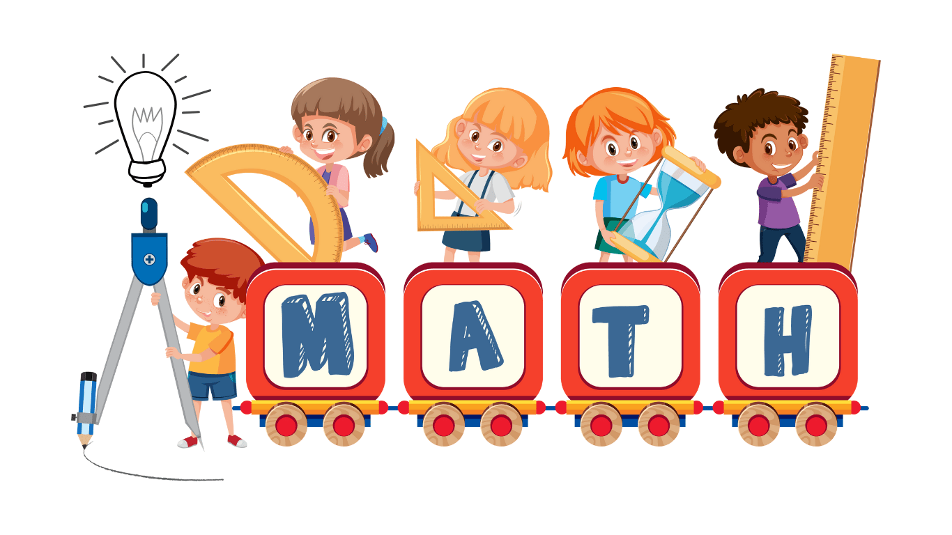 Kids playing with math tools on a train spelling "MATH."