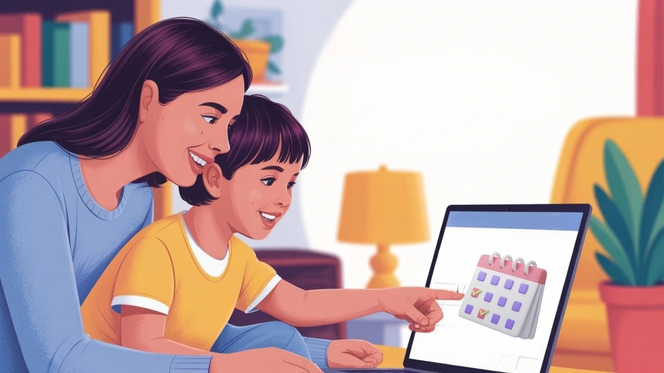 Mother and child checking school schedule on laptop screen with calendar icon, representing UAE academic calendar planning.