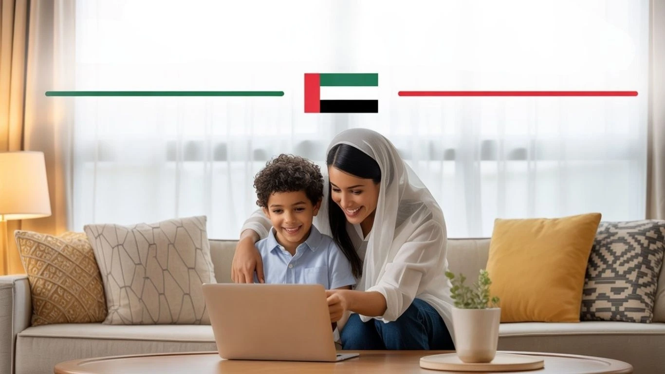 Mother and child exploring summer activities for students in UAE on a laptop at home