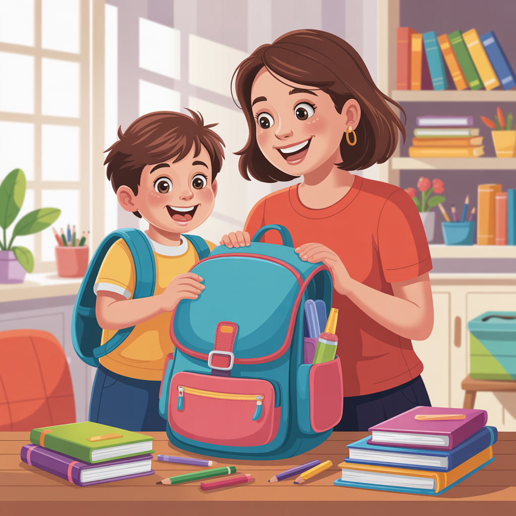 Mother helping child pack school bag with books and stationery; how to prepare for the new academic year.
