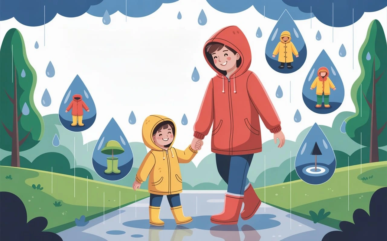Parent and child walking in rain wearing raincoats and boots, showing safety precautions during rainy season.