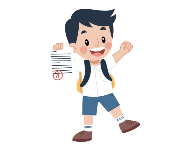 Illustrated image of a kid holding a exam result paper