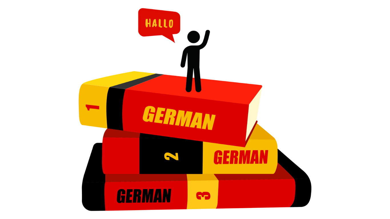 Illustration of a stick figure on German language books, saying 'Hallo,' symbolizing learning German.