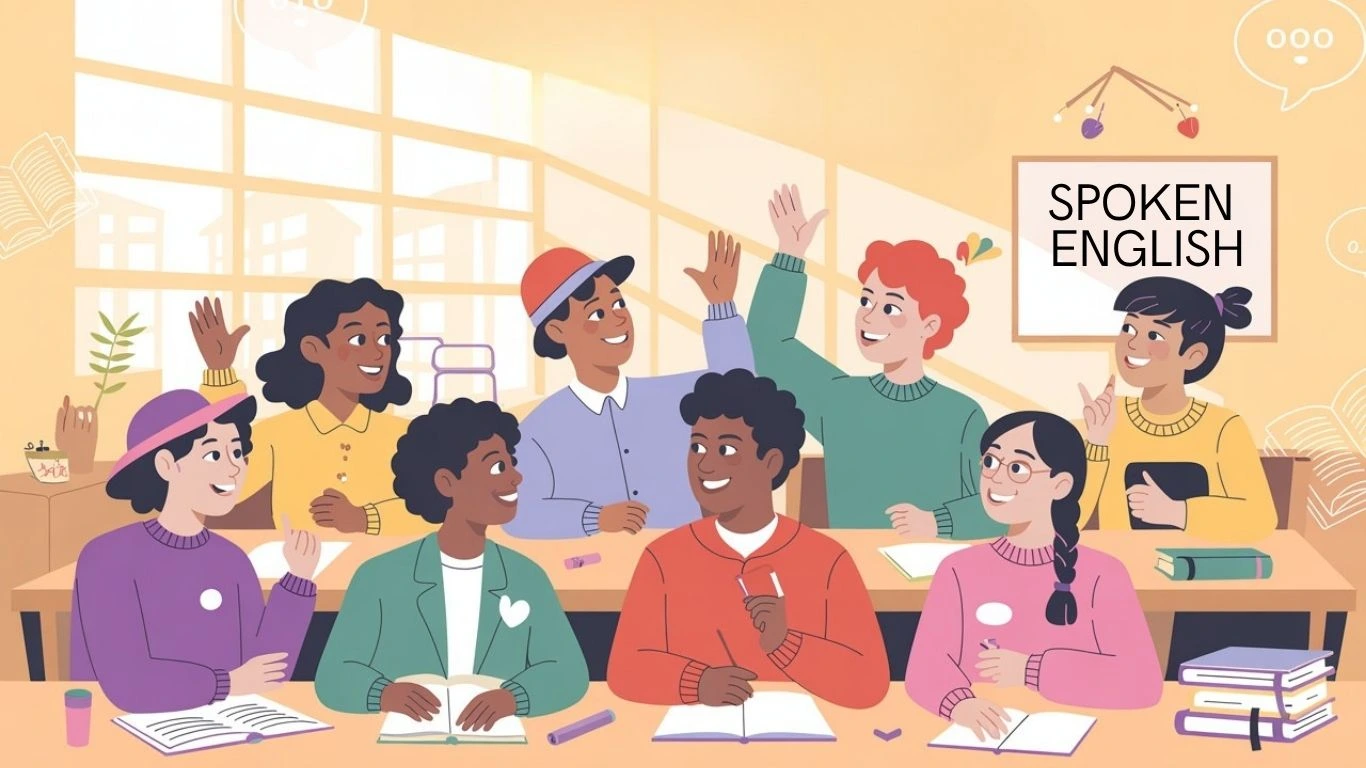 Students learning together in a classroom during a spoken English course in 1 month