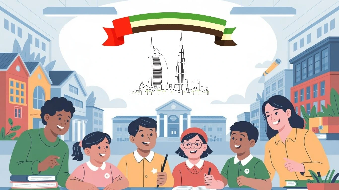 Students with teacher discussing school options in UAE with flag and skyline,Which Curriculum Is Best in UAE