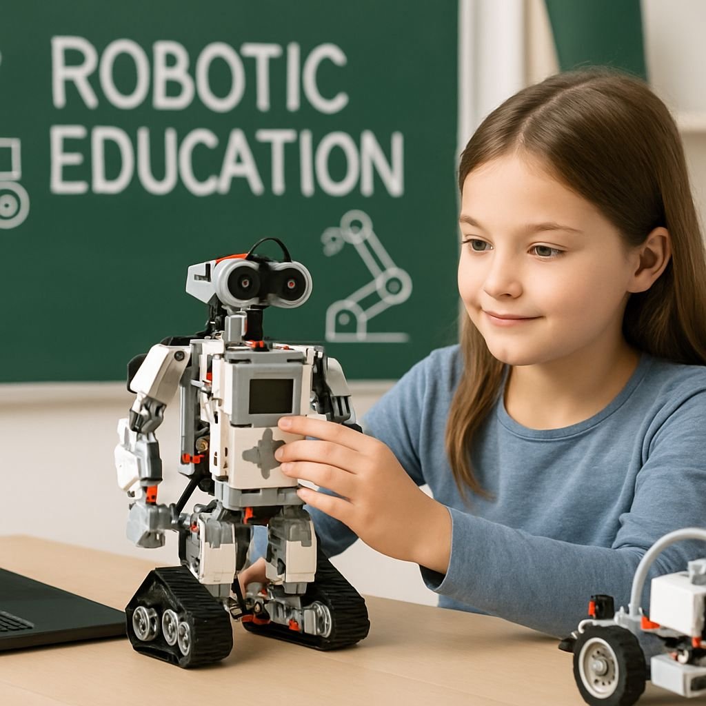 A student in a classroom is assembling and interacting with a programmable robot on a desk, with a chalkboard behind them displaying the words "ROBOTIC EDUCATION" and robotics-themed drawings.