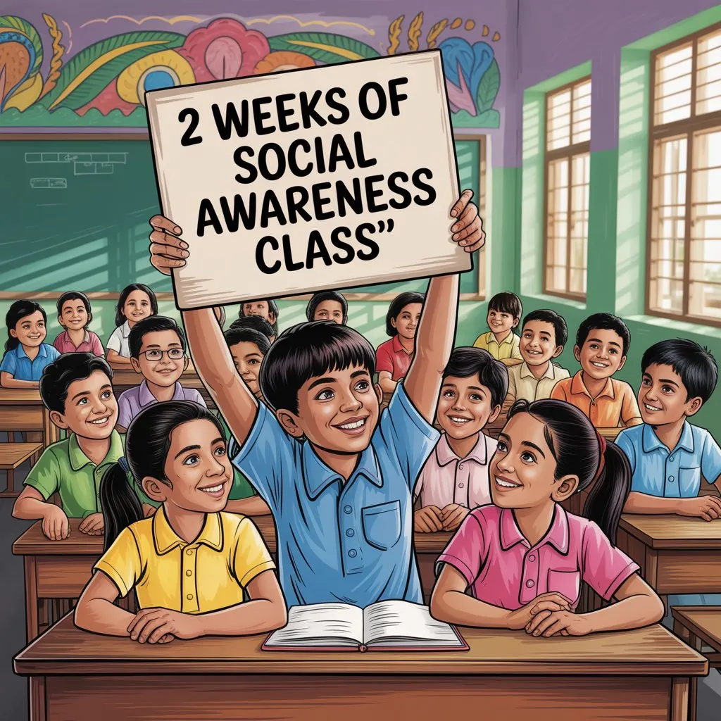 Illustration of cheerful school children in a classroom, with one student holding a large sign that reads '2 Weeks of Social Awareness Class' while others smile and engage enthusiastically.