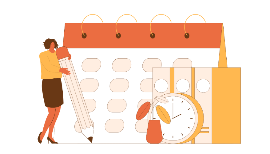 A woman holding a giant pencil next to a calendar, clock, and planner, symbolizing time management and planning.