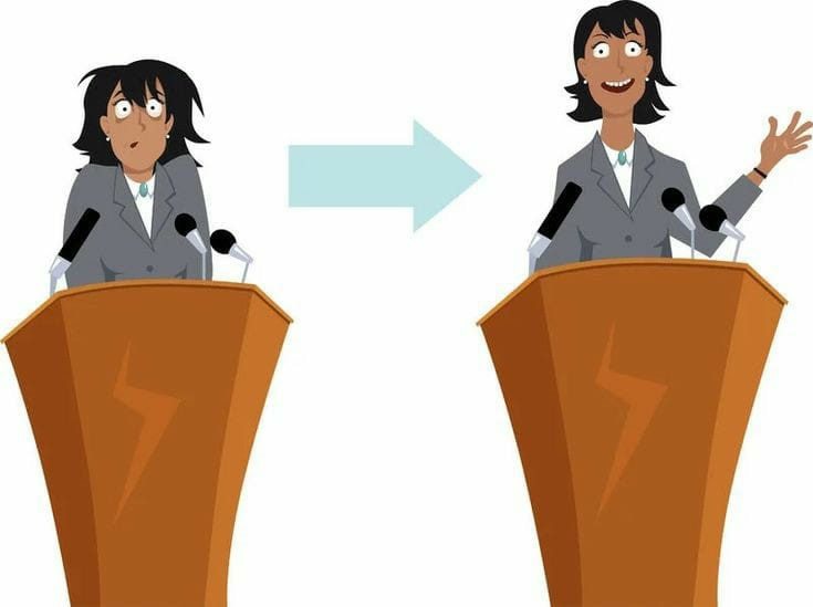 A nervous speaker transforms into a confident one at a podium