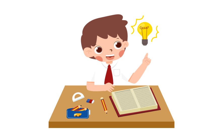 A happy schoolboy at a desk with a light bulb above, symbolizing study tips and planning.