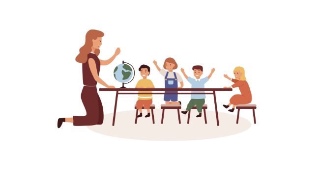 Montessori teacher conducting a geography lesson with young children, encouraging interactive and hands-on learning.