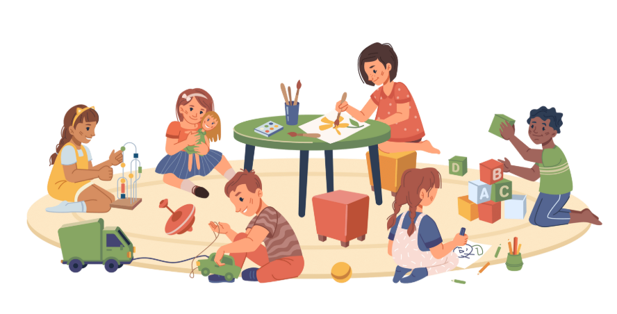 A Montessori teacher supervises a group of young children engaged in hands-on learning activities, including painting, playing with blocks, and exploring educational toys in a calm, organized classroom setting.