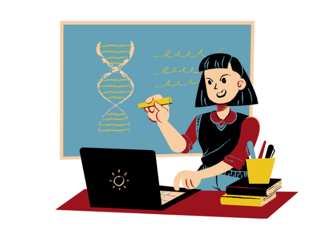 Illustration of a woman studying with a laptop, books, and a DNA diagram on the chalkboard