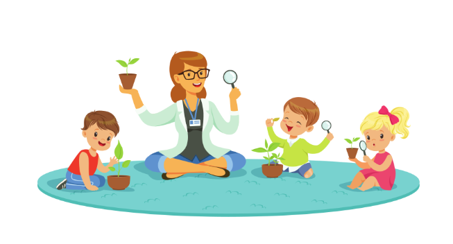 Montessori teacher guiding young children in a hands-on plant activity, encouraging exploration and independent learning