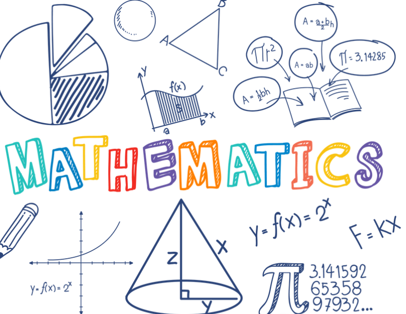 Colorful "Mathematics" text surrounded by hand-drawn mathematical illustrations, including pie charts, triangles, equations, a cone, a graph, and symbols like Pi (π), representing various math concepts.