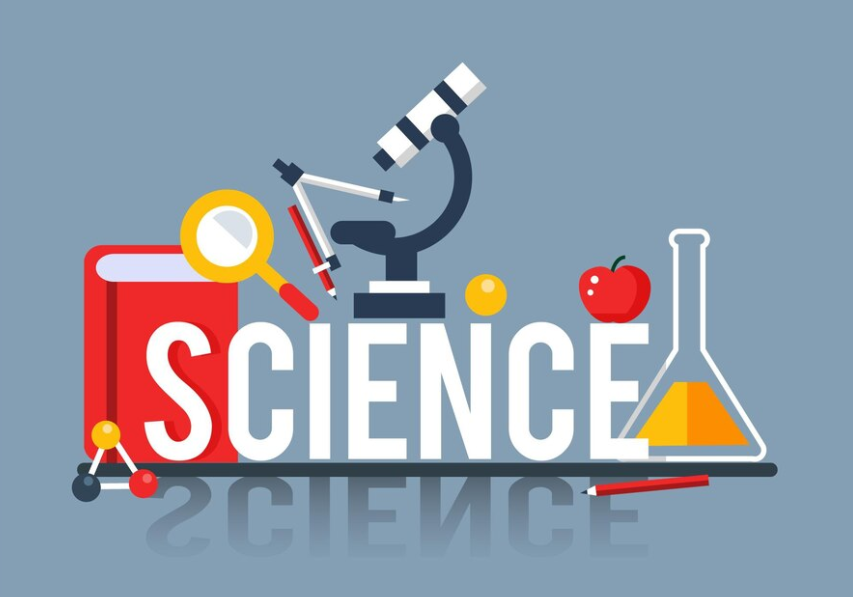 Illustration of the word "SCIENCE" with lab equipment, a microscope, a book, and a magnifying glass