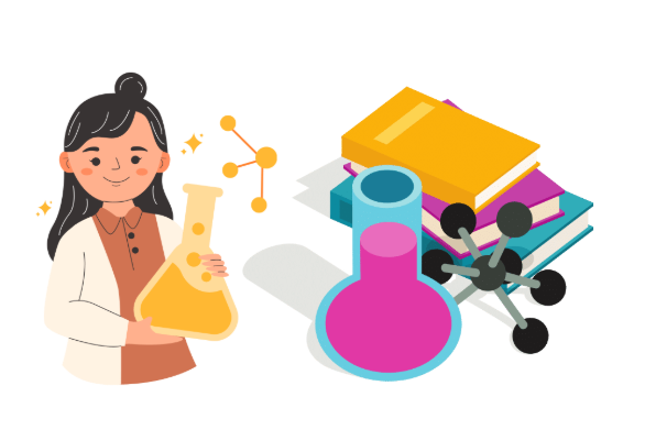 Illustration of a young woman in a lab coat holding a flask, with chemistry books, molecular structures, and lab equipment beside her