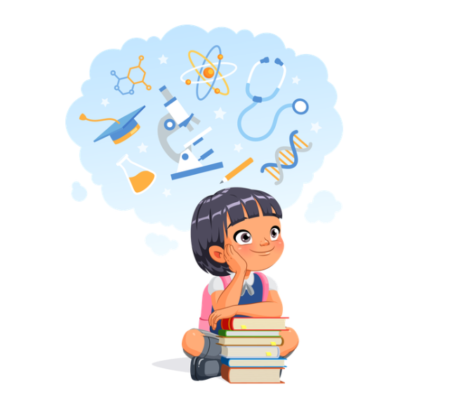 A young girl sitting with books, imagining science-related icons like a microscope, DNA, and a stethoscope, symbolizing studying science