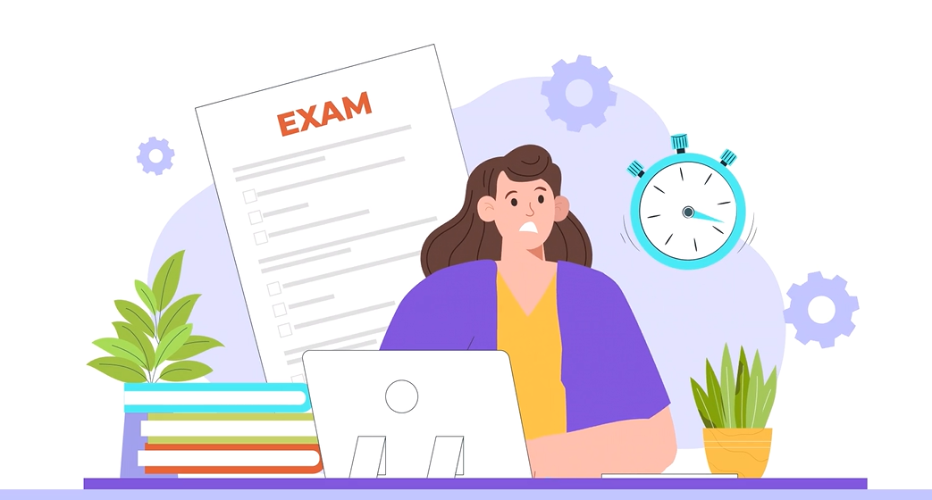Illustration of a stressed student at a desk with an exam paper and a ticking clock.