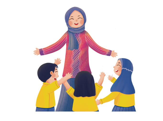Illustration of a smiling woman wearing a hijab and colorful attire standing with open arms, surrounded by three happy children—two girls and one boy—reaching out to her in a cheerful and affectionate manner