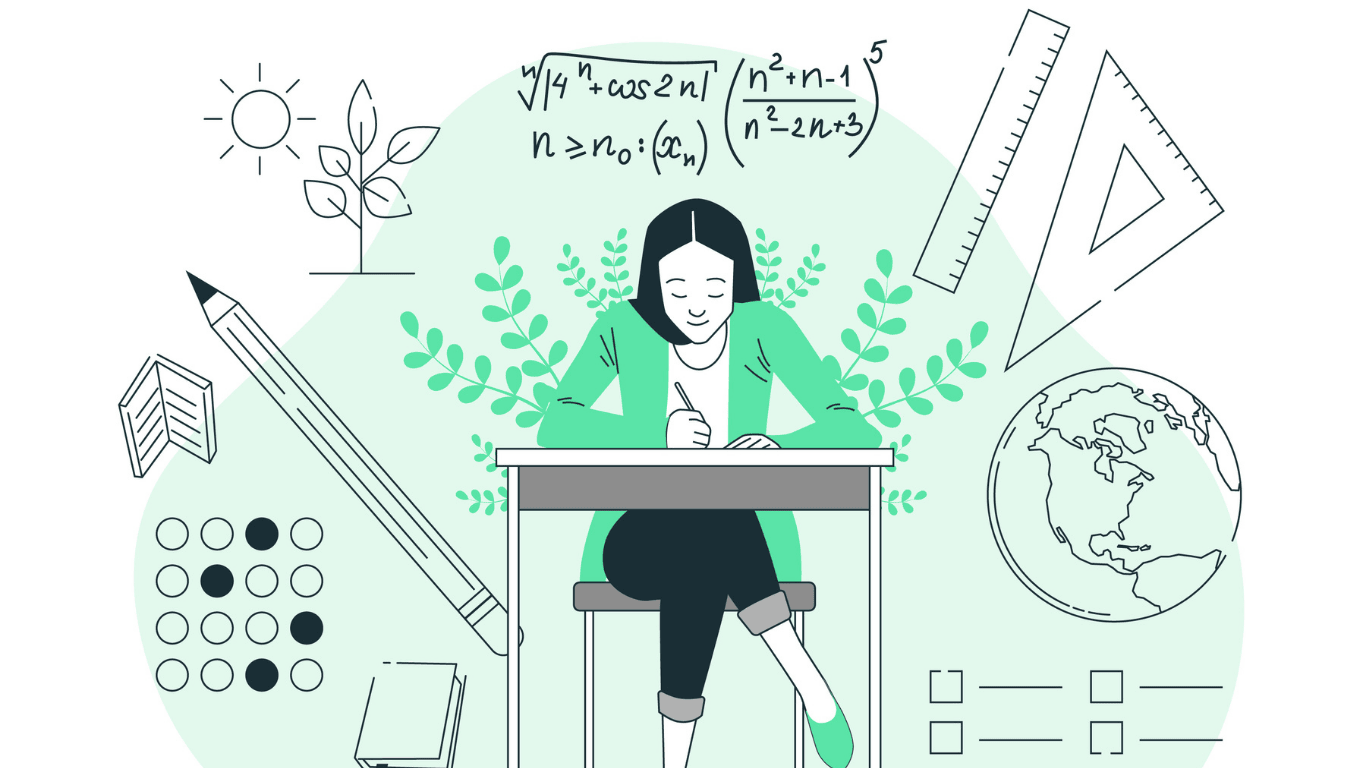 An illustrated student sitting at a desk, writing with a pencil, surrounded by mathematical symbols, rulers, a globe, and educational icons.
