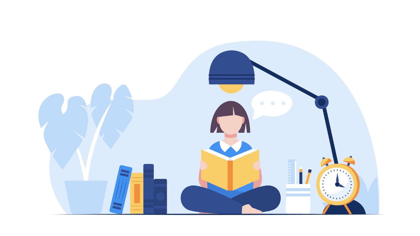 Illustration of a student reading, surrounded by books, a clock, and a desk lamp, symbolizing study and focus.
