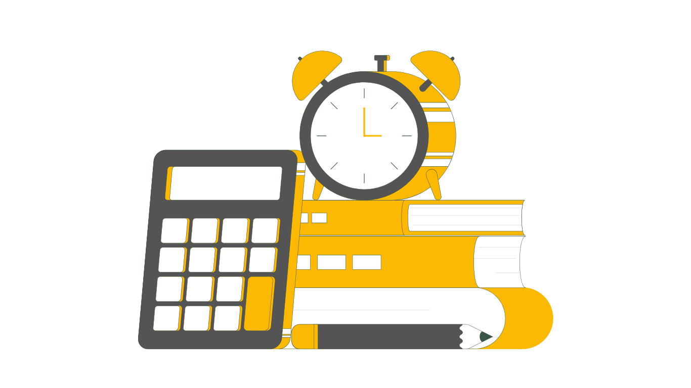 Illustration of study essentials including an alarm clock, books, a calculator, and a pencil, symbolizing time management, learning, and academic preparation